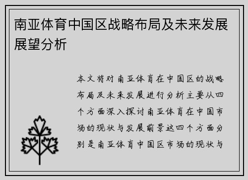 南亚体育中国区战略布局及未来发展展望分析
